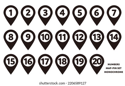 Simple map pin set with numbers (monochrome)