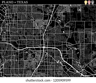 Simple map of Plano, Texas, USA. Black and white version for clean backgrounds and prints. This map of Plano contains three markers who are grouped and can be moved separetly in vector version.