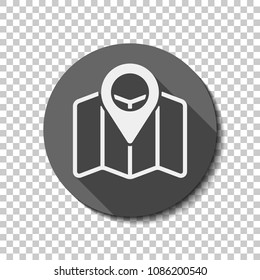 Simple map with pointer icon. Linear symbol with thin outline. White flat icon with long shadow in circle on transparent background. Badge or sticker style