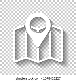 Simple map with pointer icon. Linear symbol with thin outline. White icon with shadow on transparent background
