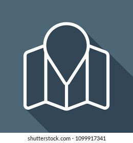 Simple map with pointer icon. Linear symbol with thin outline. White flat icon with long shadow on background
