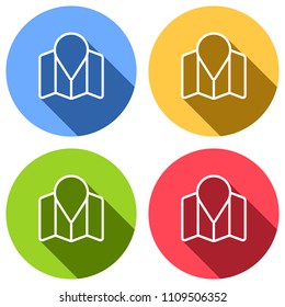 Simple map with pointer icon. Linear symbol with thin outline. Set of white icons with long shadow on blue, orange, green and red colored circles. Sticker style