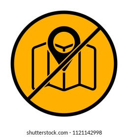 Simple map with pointer icon. Linear symbol with thin outline. not allowed, black object in warning sign with orange background color