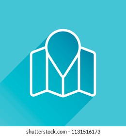 Simple map with pointer icon. Linear symbol with thin outline. Gray icon with long shadow in bottom left corner on blue background