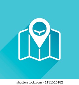 Simple map with pointer icon. Linear symbol with thin outline. Gray icon with long shadow in bottom left corner on blue background