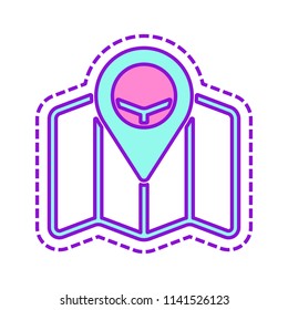 Simple map with pointer icon. Linear symbol with thin outline. Colored sketch with dotted border on white background