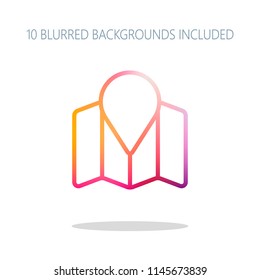 Simple map with pointer icon. Linear symbol with thin outline. Colorful logo concept with simple shadow on white. 10 different blurred backgrounds included