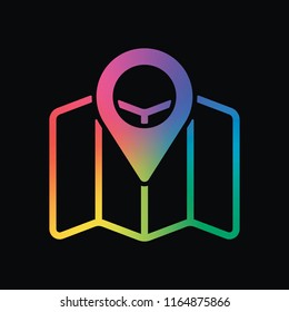 Simple map with pointer icon. Linear symbol with thin outline. Rainbow color and dark background