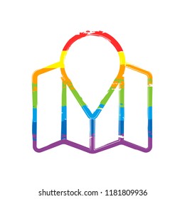Simple map with pointer icon. Linear symbol with thin outline. Drawing sign with LGBT style, seven colors of rainbow (red, orange, yellow, green, blue, indigo, violet