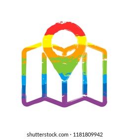 Simple map with pointer icon. Linear symbol with thin outline. Drawing sign with LGBT style, seven colors of rainbow (red, orange, yellow, green, blue, indigo, violet