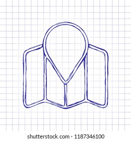 Simple map with pointer icon. Linear symbol with thin outline. Hand drawn picture on paper sheet. Blue ink, outline sketch style. Doodle on checkered background