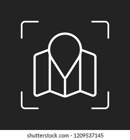 Simple map with pointer icon. Linear symbol with thin outline. White object in camera autofocus on dark background