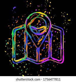 Simple map with pointer icon. Linear symbol with thin outline. Colored ink with splashes on black background