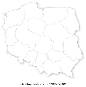 Simple map of Poland with voivodeships on white.