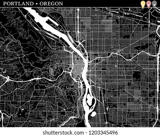 Mapa simple de Portland, Oregón, EE.UU. Versión en blanco y negro para fondos limpios e impresiones. Este mapa de Portland contiene tres marcadores que se agrupan y se pueden mover por separado en versión vectorial.