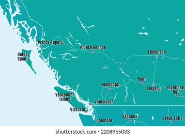 Simple Map Of Province British Columbia And Alberta In Canada And Unites States. Simplified Geometric Shapes With Ocean And Lakes. Marked Travel Destinations, Pacific Northwest Guide Or Touristic Map.