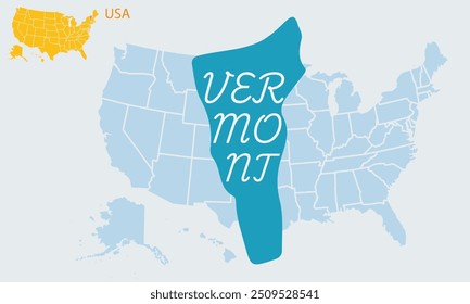 Mapa simples de uma província dos Estados Unidos da América Vermont .Atrás dele está um mapa plano grande de America.A pequeno mapa também está em cima dele com EUA