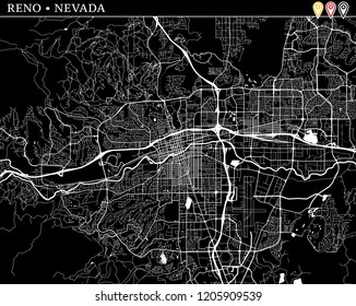 Simple map of Reno, Nevada, USA. Black and white version for clean backgrounds and prints. This map of Reno contains three markers who are grouped and can be moved separetly in vector version.