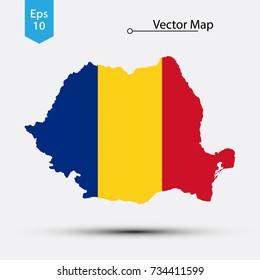 Simple Map Of Romania With Flag Isolated On White Background. Vector Illustration