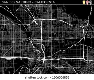 Simple map of San Bernardino, California, USA. Black and white version for clean backgrounds and prints. This map of San Bernardino contains three markers who are grouped and can be moved separetly