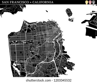 Simple map of San Francisco, CA, USA. Black and white version for clean backgrounds and prints. This map of San Francisco contains three markers who are grouped and can be moved separetly in vector