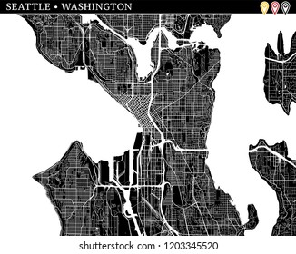 Simple map of Seattle, Washington, USA. Black and white version for clean backgrounds and prints. This map of Seattle contains three markers who are grouped and can be moved separetly