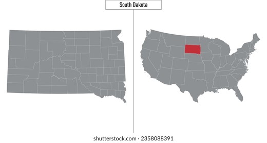 Mapa simple del estado de Dakota del Sur de Estados Unidos y ubicación en el mapa de Estados Unidos