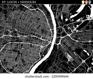 Simple map of St. Louis, Missouri, USA. Black and white version for clean backgrounds and prints. This map of St. Louis contains three markers who are grouped and can be moved separetly