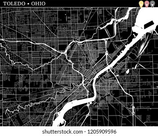 Simple map of Toledo, Ohio, USA. Black and white version for clean backgrounds and prints. This map of Toledo contains three markers who are grouped and can be moved separetly in vector version.