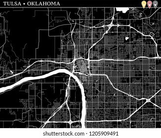 Simple map of Tulsa, Oklahoma, USA. Black and white version for clean backgrounds and prints. This map of Tulsa contains three markers who are grouped and can be moved separetly in vector version.