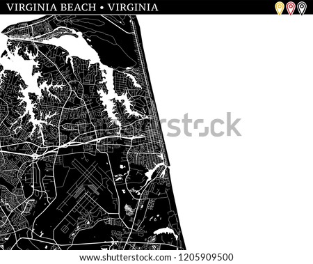 Simple map of Virginia Beach, Virginia, USA. Black and white version for clean backgrounds and prints. This map of Virginia Beach contains three markers who are grouped and can be moved separetly in v Stock fotó © 