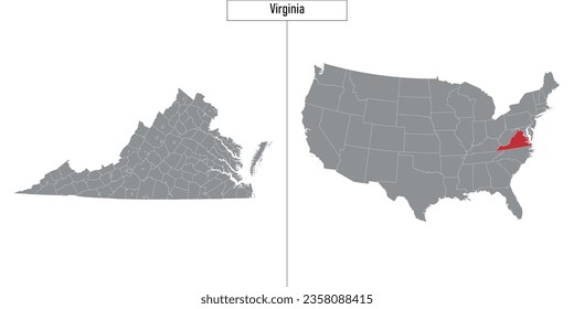 Mapa simple del estado de Virginia en Estados Unidos y ubicación en el mapa de Estados Unidos