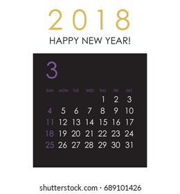 Simple March 2018 calendar. Week starts from Sunday.