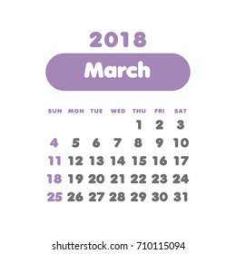 Simple March 2018 calendar. Week starts from Sunday.