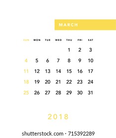 Simple March 2018 calendar. Week starts from Sunday.