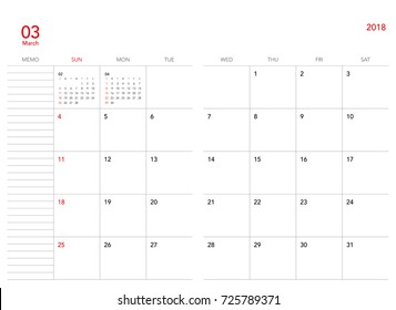 Simple March 2018 calendar. Week starts from Sunday.