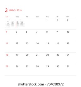 Simple March 2018 calendar. Week starts from Sunday.