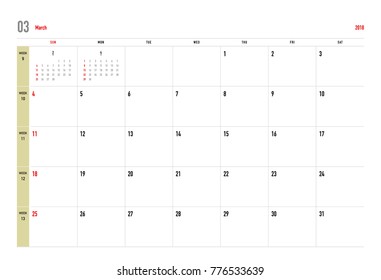 Simple March 2018 calendar. Week starts from Sunday.