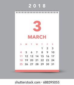 Simple March 2018 desk calendar. Week starts from Sunday.