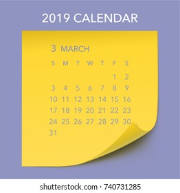 Simple March 2019 calendar. Week starts from Sunday.