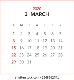 Simple March 2020 calendar. Week starts from Sunday.