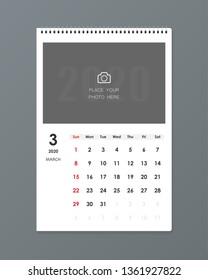 Simple March 2020 photo calendar. Week starts from Sunday.