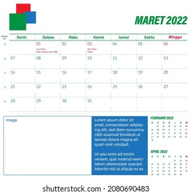 Plantilla de calendario simple de marzo de 2022. La semana comienza el lunes. Domingo resaltado. Con las festividades de indonesia destacadas. Ilustración vectorial EPS 10, sin transparencia, sin gradientes
