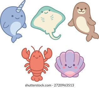 Um conjunto vetor de vida marinha simples com narval, manta ray, leão-marinho, lagosta e molusco,
ilustrado em estilo arredondado mínimo. Projetado com cores suaves inspiradas no oceano e suave
formas, este conjunto é calmo, amigável e fácil de reconhecer para crianças.

Perfeito para gráficos educativos da vida marinha, materiais de aprendizagem das crianças, decoração de berçário,
cartazes e desenhos infográficos simples. O estilo de ilustração arredondado mínimo mantém a
arte limpa, moderna e versátil. Isolado sobre fundo branco com vetor de alta qualidade
terminar.
