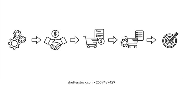 Simple marketing scheme line icon for business. Communication, advertising, e-commerce, products, target audience, website, social media. Marketing vector illustration on transparent background.