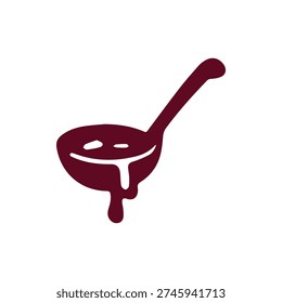 A simple maroon icon of a soup ladle with a happy smiling face. Liquid drips from its mouth, creating a playful and messy character design.