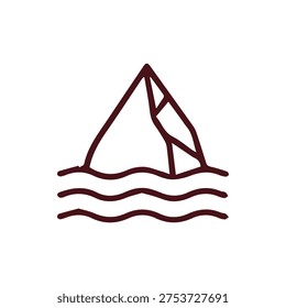 A simple maroon line art icon showing a mountain peak or iceberg floating on three wavy lines representing water. Minimalist design on a white background.