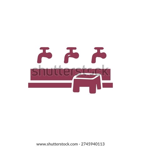 A simple maroon vector icon showing three taps above a trough with a small stool, representing a communal washing or ritual ablution area.