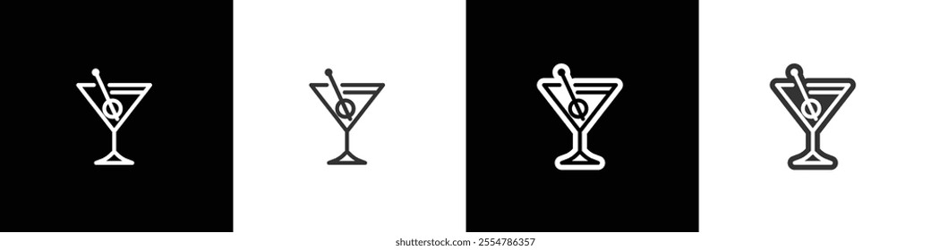 Simple martini glass icons. Classic alcoholic cocktail and cocktail glass thin line and flat icon. Cocktail glass vector illustration symbols in black white and transparent background.