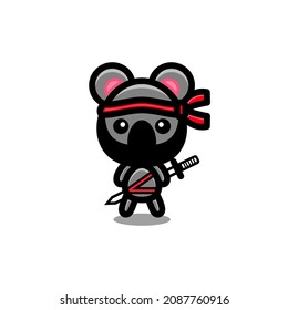Simple mascot cartoon koala with ninja samurai attribute, vector logo design editable